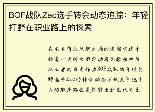 BOF战队Zac选手转会动态追踪：年轻打野在职业路上的探索